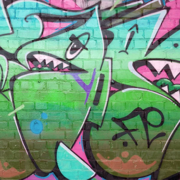 Absztrakt Színes Graffiti Festmények Darabja Régi Téglafalon Zöld Színekben Utcai — Stock Fotó