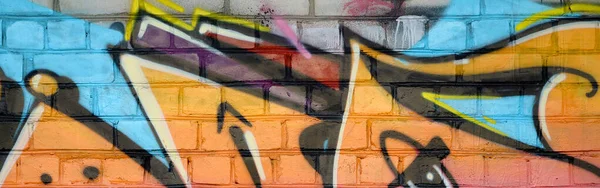 Abstrakcyjny Kolorowy Fragment Malowideł Graffiti Starej Ceglanej Ścianie Uliczna Kompozycja — Zdjęcie stockowe