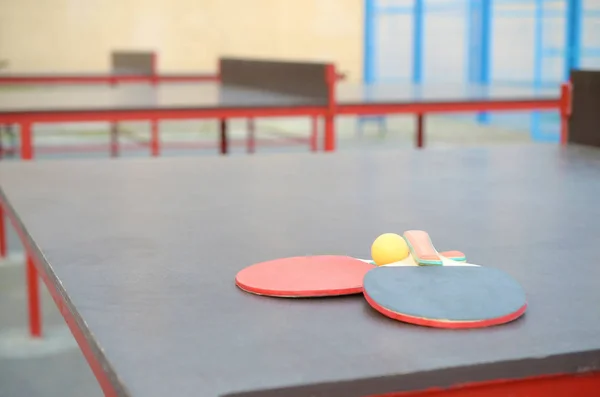 Rackets And Ball On Ping Pong Table In Outdoor Sport Yard Active Sports And Physical Training Concept Activity Championship Stock Photo 335335962
