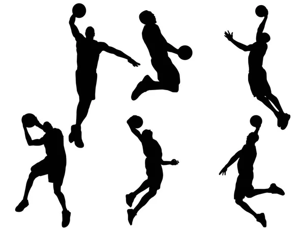 Set Basket Giocatore Dunking Silhouette — Vettoriale Stock