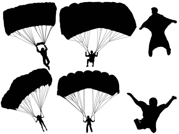 Set Parachute Silhouette — Stock Vector