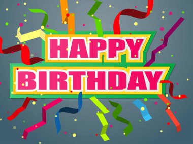 Doğum günü ile parlak tebrik kartı. Teyp ve konfeti. Vektör