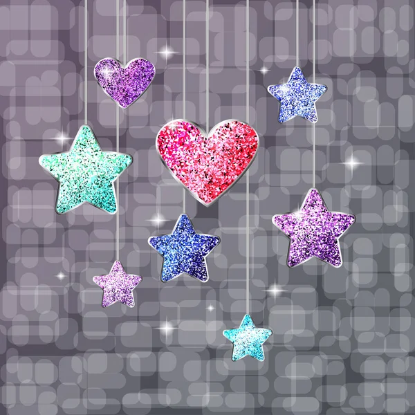 Heart, stars and bright background. Postcard or banner on the holiday. Vector
