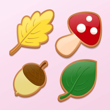 Yaprak, mantar, meşe palamudu arka planda kurabiye şeklinde. Sonbahar ruh hali. Vektör