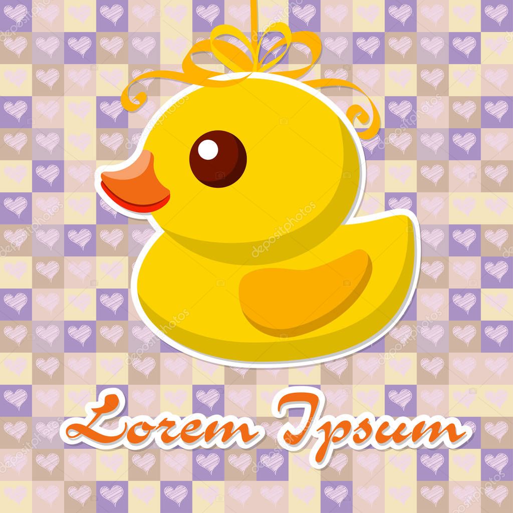 Yellow Toy duck for a bath on a pretty background with hearts. Vector illustration