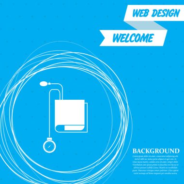 Tonometer simgesi. Kan basıncı denetleyicisi etrafında soyut daireler ve metin için yer ile mavi bir arka plan üzerinde. Vektör