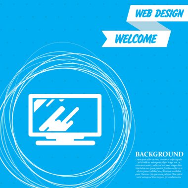 Bilgisayar, monitör simgesini etrafında soyut daireler ve metin için yer ile mavi bir arka plan üzerinde. Vektör