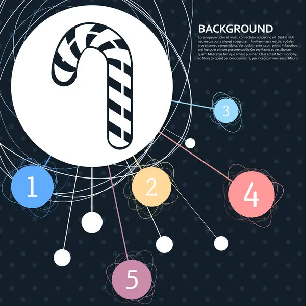 Weihnachten Pfefferminzbonbons Zuckerrohr mit Streifen Symbol den Hintergrund auf den Punkt und Infografik-Stil. Vektor — Stockvektor