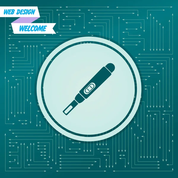 Hamilelik testi farklı yönlere oklarla yeşil bir arka plan üstünde kutsal kişilerin resmi. Bu elektronik tahta üzerinde görünür. Vektör