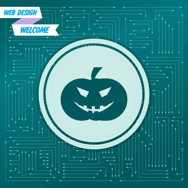 Ícone de abóbora halloween em um fundo verde, com setas em direções diferentes. Aparece no quadro electrónico. Vetor —  Vetores de Stock