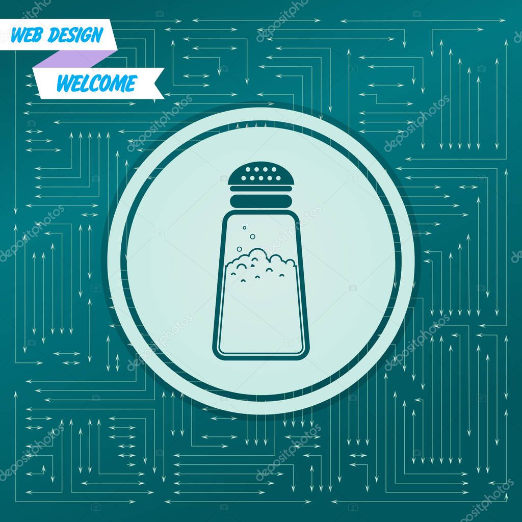 Salt or pepper shakers, Cooking spices icon on a green background, with arrows in different directions. It appears on the electronic board. Vector illustration