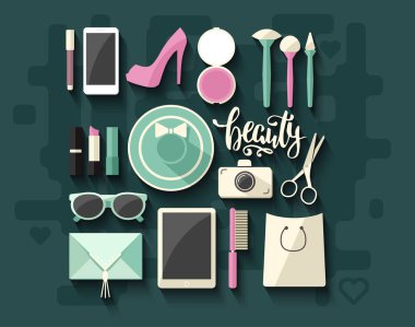 Kadının Aksesuar ve kozmetik. Düz tasarım.