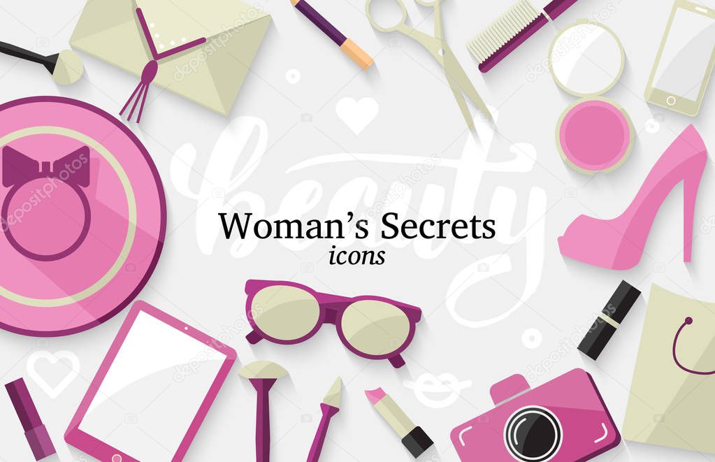 Womans accessories and cosmetics. Flat design.