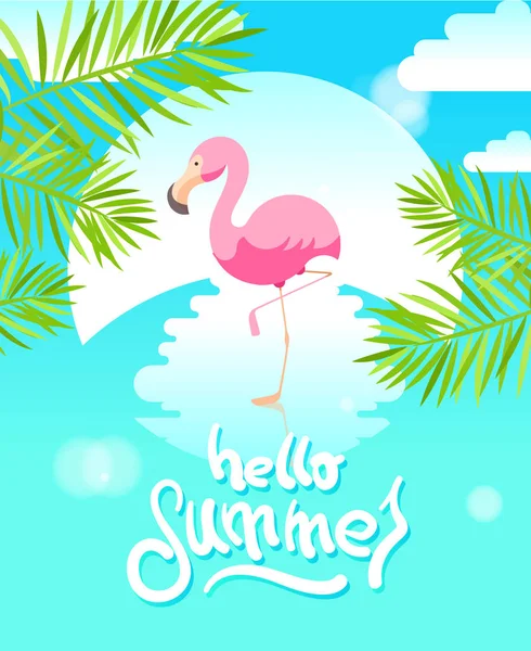フラミンゴや手描きのメッセージ こんにちは夏に夏ベクトル図 — ストック写真