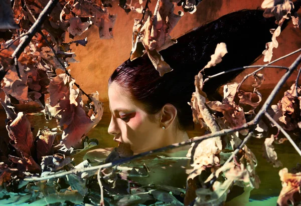 Schöne Frauenporträt mit Blättern und Zweigen im Herbst wate — Stockfoto