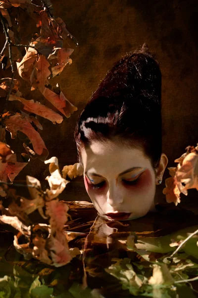 Bela mulher retrato com folhas e ramos no outono wate — Fotografia de Stock