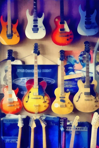 Digital painting - group of guitars in exposition — Stock Photo, Image