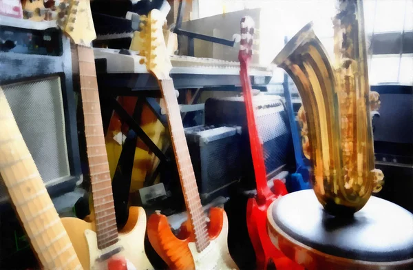 Digital painting - group of guitars and saxophone — Stock Photo, Image