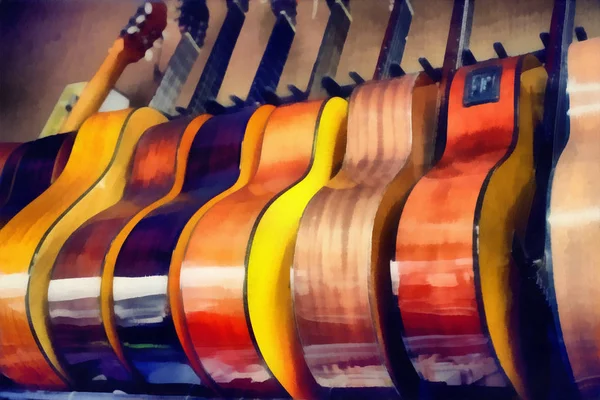 digital painting - group of guitars in exposition