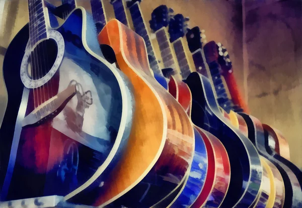 Pintura digital - grupo de guitarras en exposición — Foto de Stock