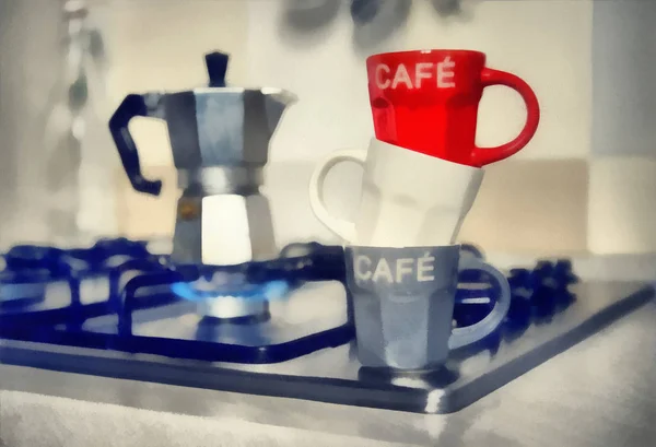Pintura digital- taza de café rojo y cafetera vieja —  Fotos de Stock