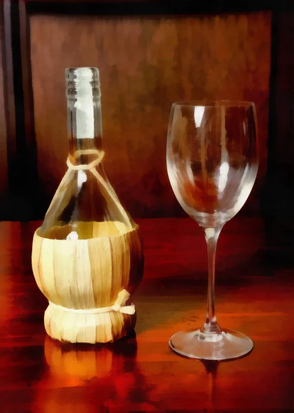 Digital art Painting - old wine bottle with glass
