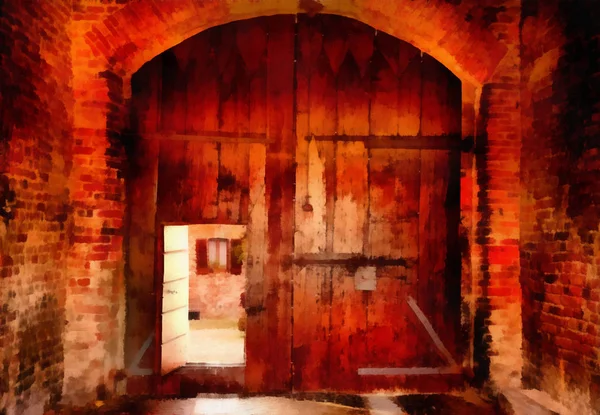 Digital art Painting - old wooden gate, farmhouse — Stock Photo, Image