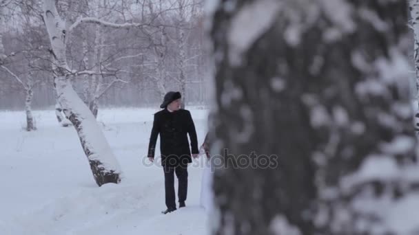 Η νύφη και ο γαμπρός που στέκεται στο δάσος το χειμώνα. Στέκεται δίπλα σε ένα άλογο. — Αρχείο Βίντεο