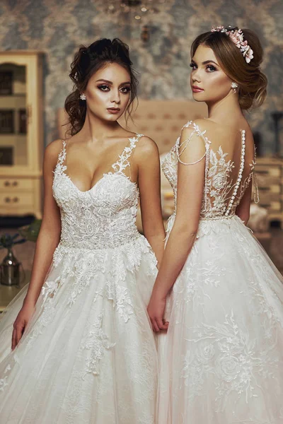 Deux filles en robes de mariée. Belles filles délicates dans le salon de mariée. Gros plan — Photo