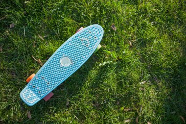 Mavi renk yeşil çimenlerin üzerinde çok renkli tekerlekli kaykay