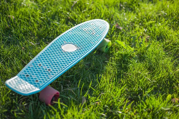 Skateboard Modré Barvy Pestrobarevným Koly Zelené Trávě — Stock fotografie