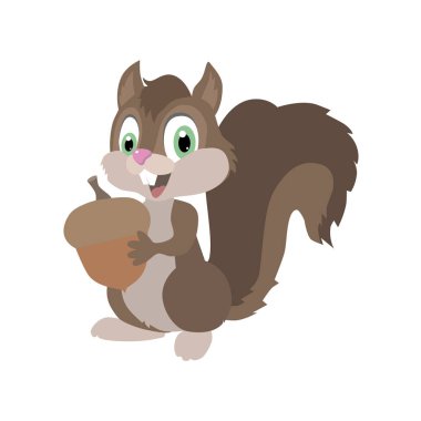 Beyaz arka planda kahverengi meşe palamudu olan mutlu sincap.