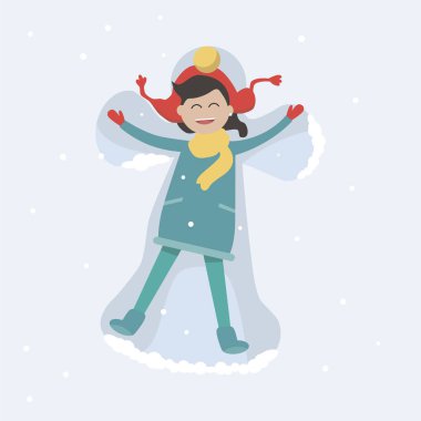 Genç ve mutlu bir kız ve kışın kardan yapılmış bir melek..