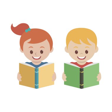 Oğlan ve kız beyaz arka planda kitaplar okudular..