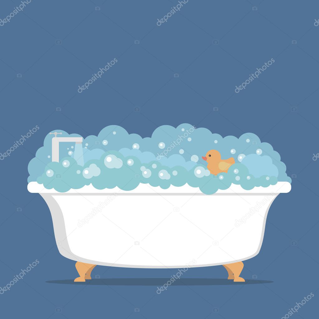Foam bath with a duck on a blue background.