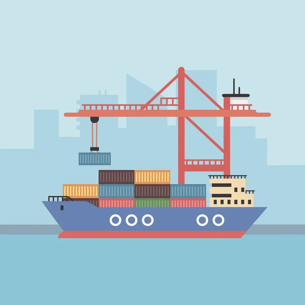 Navire Cargo Mer Conteneurs Sur Fond Grue — Image vectorielle