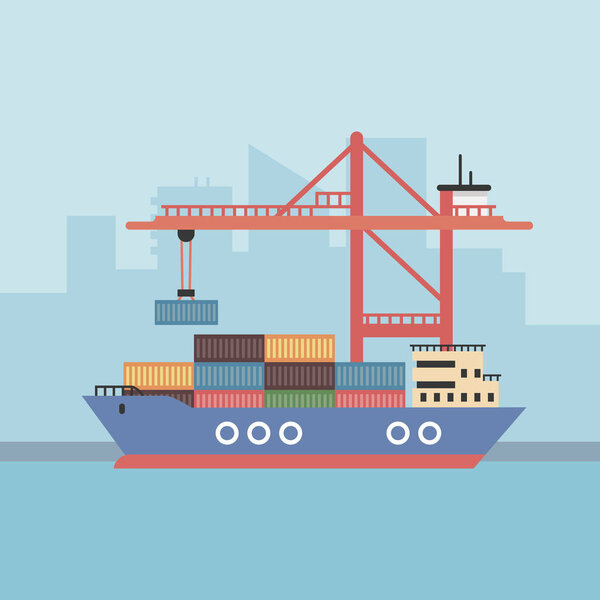 Cargo ship at sea and containers on the background of a crane.