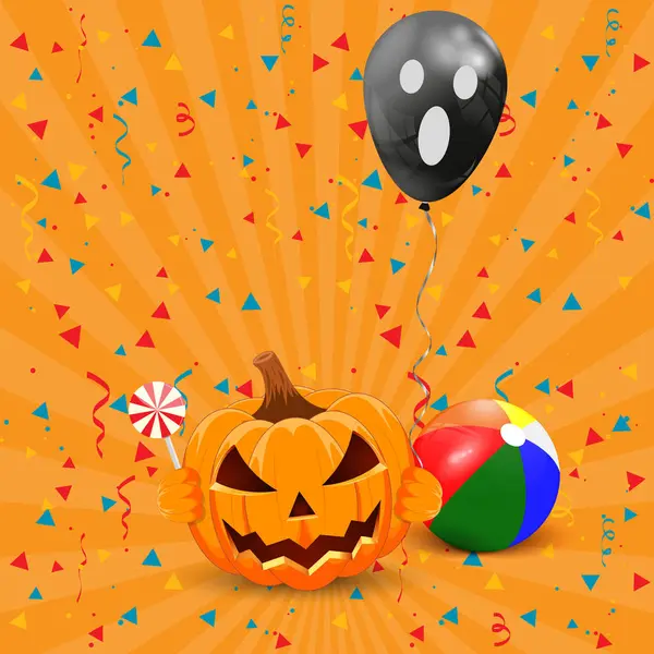 Pumpkin with candy and a black balloon in hands