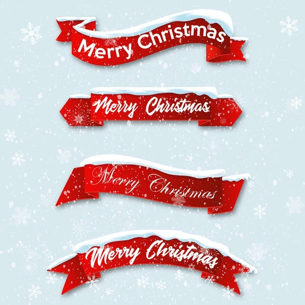Set red realistic curved ribbon Merry Christmas banner