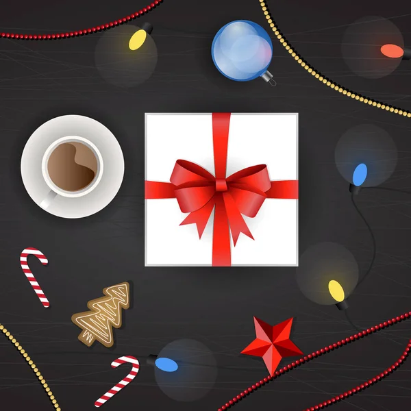 Vector uppsättning juldekoration, ovanifrån. Presentask, julgran garland, christmas ball, ingefära cookie, Sockertopp, röda stjärnor, kopp varmt te eller choklad, jul pärlor och färgglada lampor Royaltyfria illustrationer