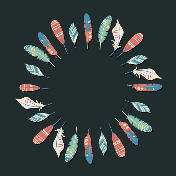 Vektör daire çerçeve koyu arka plan üzerinde renkli tüyler. Zarif ihale tasarım kartı, Web sitesi, sarma, arka plan için. Doğa etnik unsurları