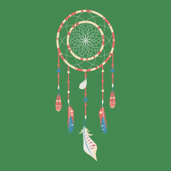 Attrape-rêves vectoriel avec des plumes colorées sur fond vert. Elégant design tendre pour carte, site web, emballage, fond. Éléments boho ethniques de la nature — Image vectorielle