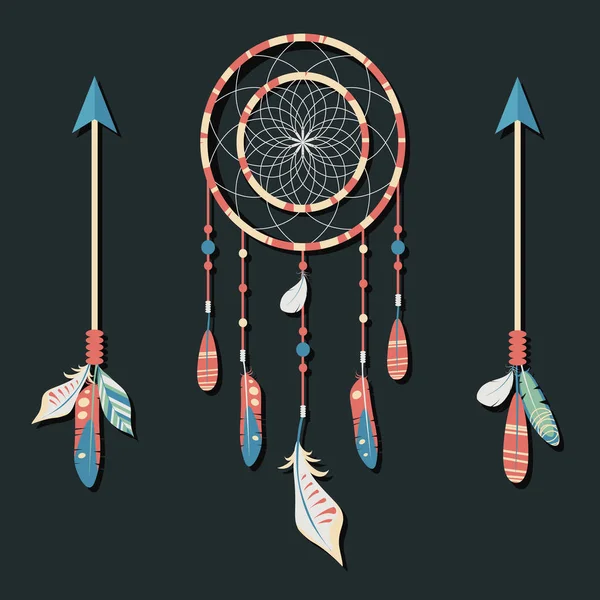 Vektör rüya yakalayıcı renkli tüyleri ve yayla koyu arka plan üzerinde. Zarif ihale tasarım kartı, Web sitesi, sarma, arka plan için. Doğa unsurları etnik boho