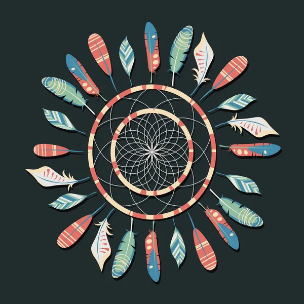 Vektör rüya yakalayıcı koyu arka plan üzerinde renkli tüyleri ile. Zarif ihale tasarım kartı, Web sitesi, sarma, arka plan için. Doğa etnik unsurları