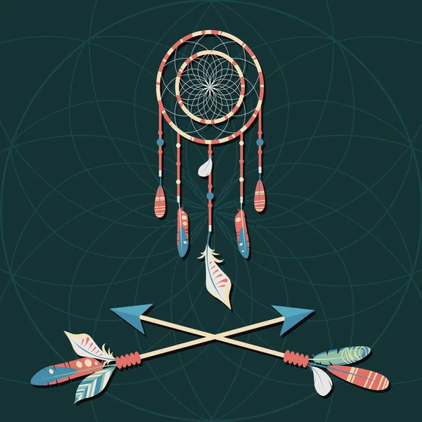 Vektör rüya yakalayıcı renkli tüyleri ve koyu arka plan üzerinde çapraz yayla. Zarif ihale tasarım kartı, Web sitesi, sarma, arka plan için. Doğa unsurları etnik boho