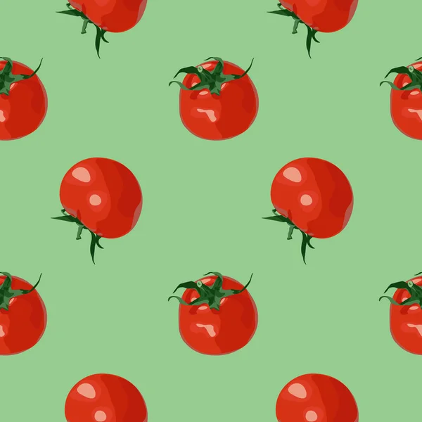 벡터 녹색 배경에 빨간색 현실적인 토마토와 함께 완벽 한 패턴입니다. 메뉴, 포장, 웹사이트 디자인 — 스톡 벡터