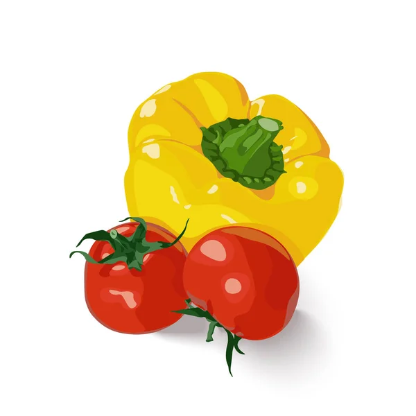 Conjunto aislado vectorial de dos tomates rojos frescos y pimiento amarillo sobre fondo blanco — Vector de stock