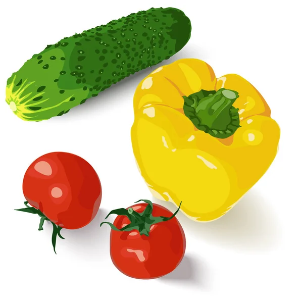 Διάνυσμα απομονωμένη σύνολο δύο φρέσκιες κόκκινες ντομάτες, αγγούρι και κίτρινη πιπεριά σε λευκό φόντο — Διανυσματικό Αρχείο