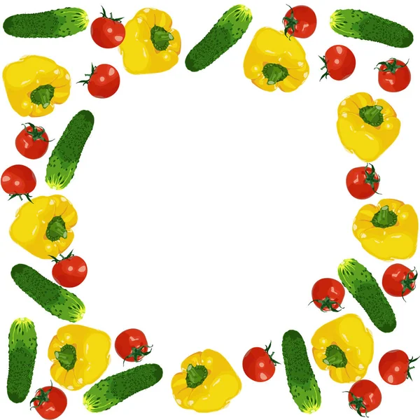 Διάνυσμα απομονωμένες κύκλο πλαίσιο φρέσκιες κόκκινες ντομάτες, αγγούρια και κίτρινες πιπεριές σε λευκό φόντο — Διανυσματικό Αρχείο