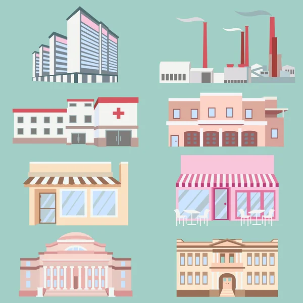 Vektorové ilustrace různých městských průmyslových staveb ve stylu ploché. — Stockový vektor